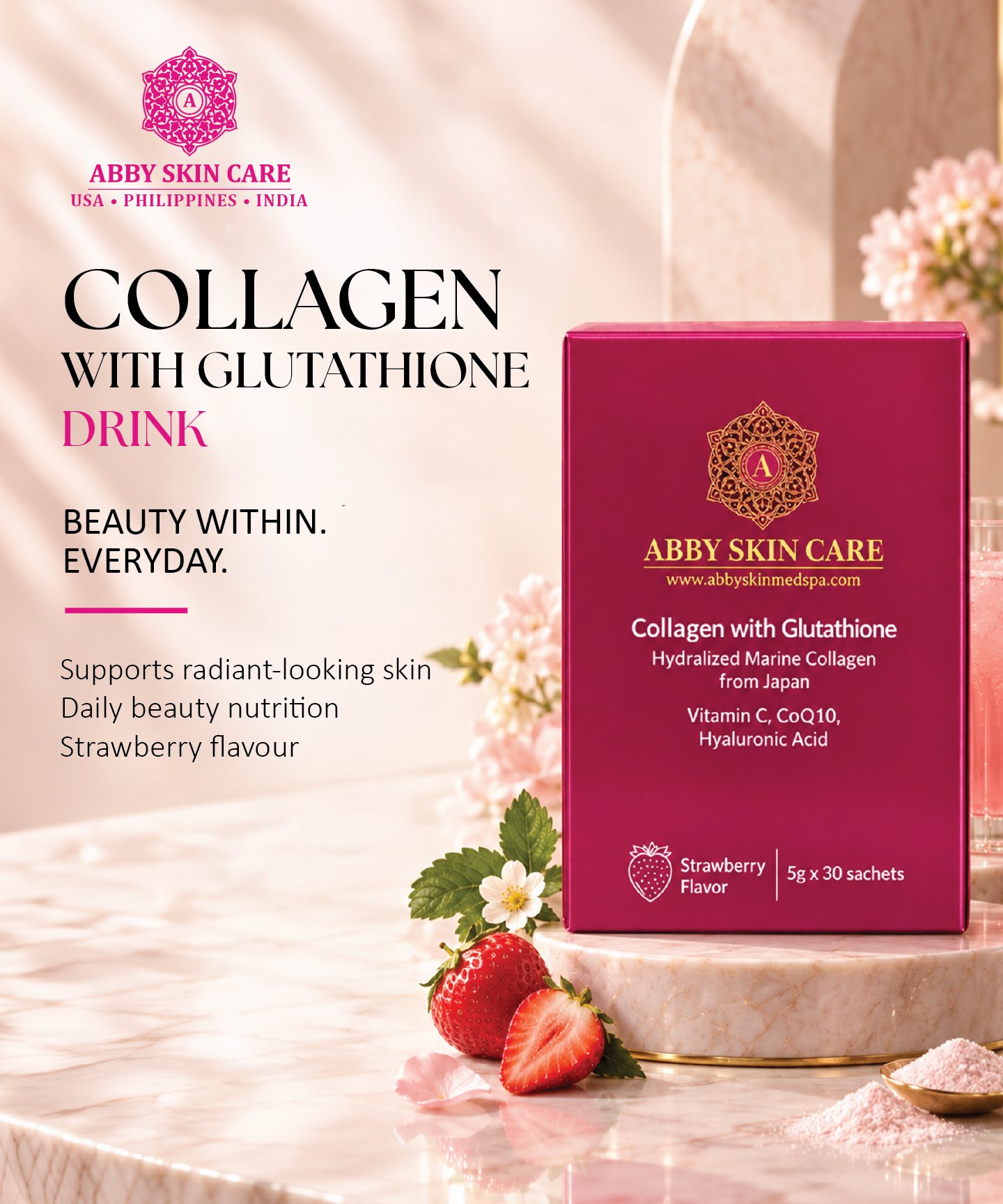 Collagen Drink - Strawberry product packaging from Abby Skin Care