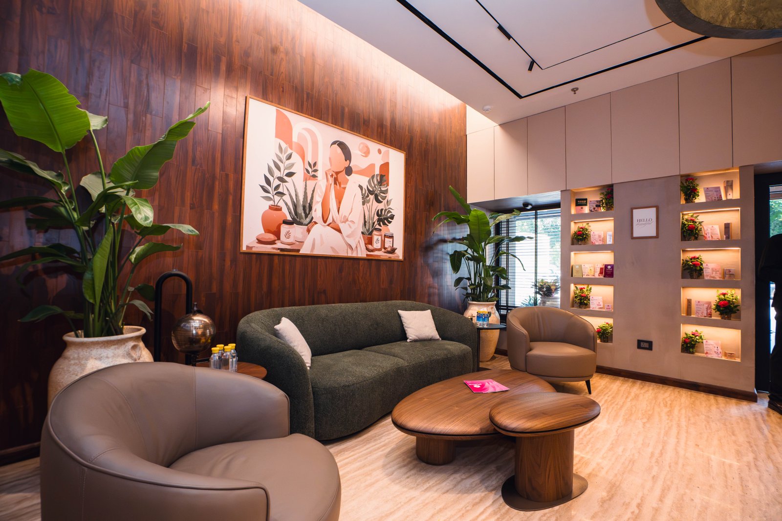 Lounge with product displays at Abby Skin Care Chandigarh